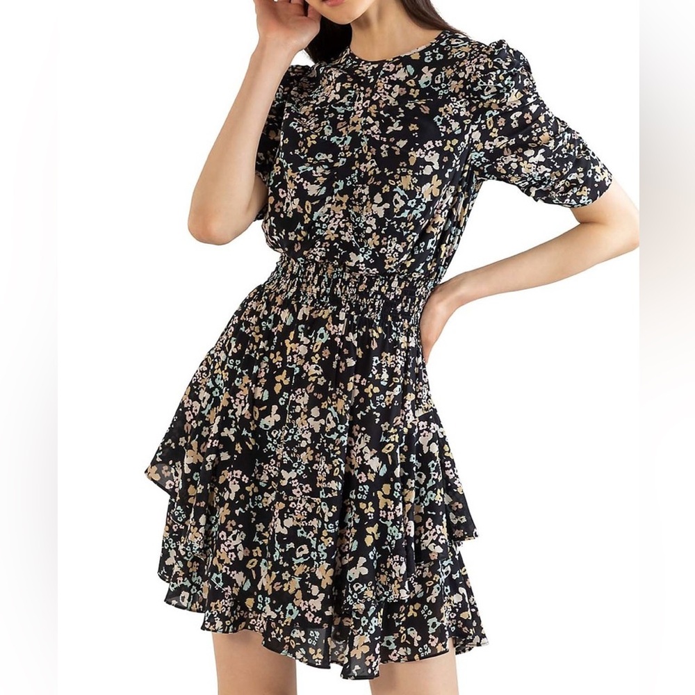 Shoshanna Black Floral Print Mini Dress.